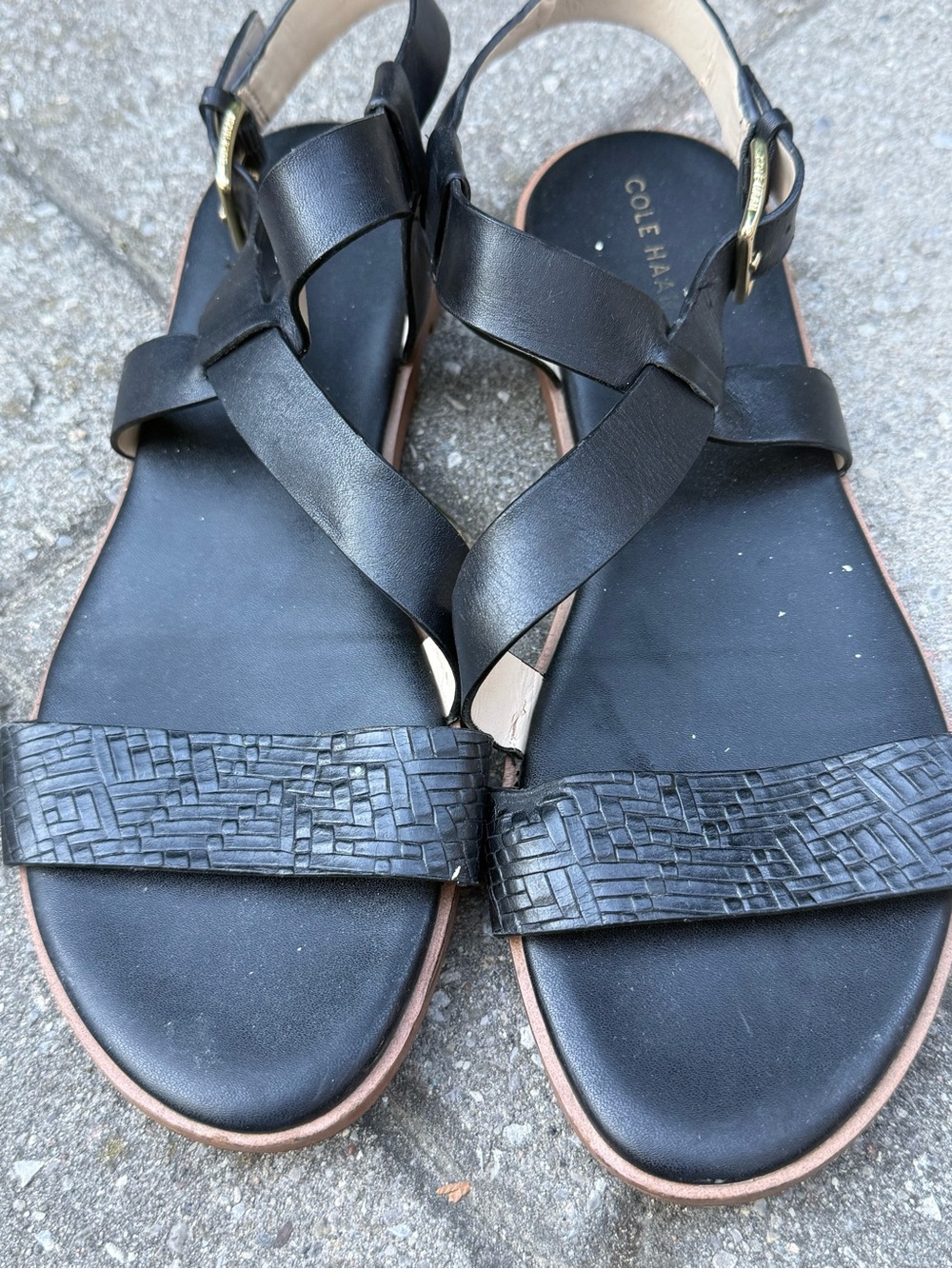 Cole Haan Black Leather Women's Woven-Accent Strappy Sandals